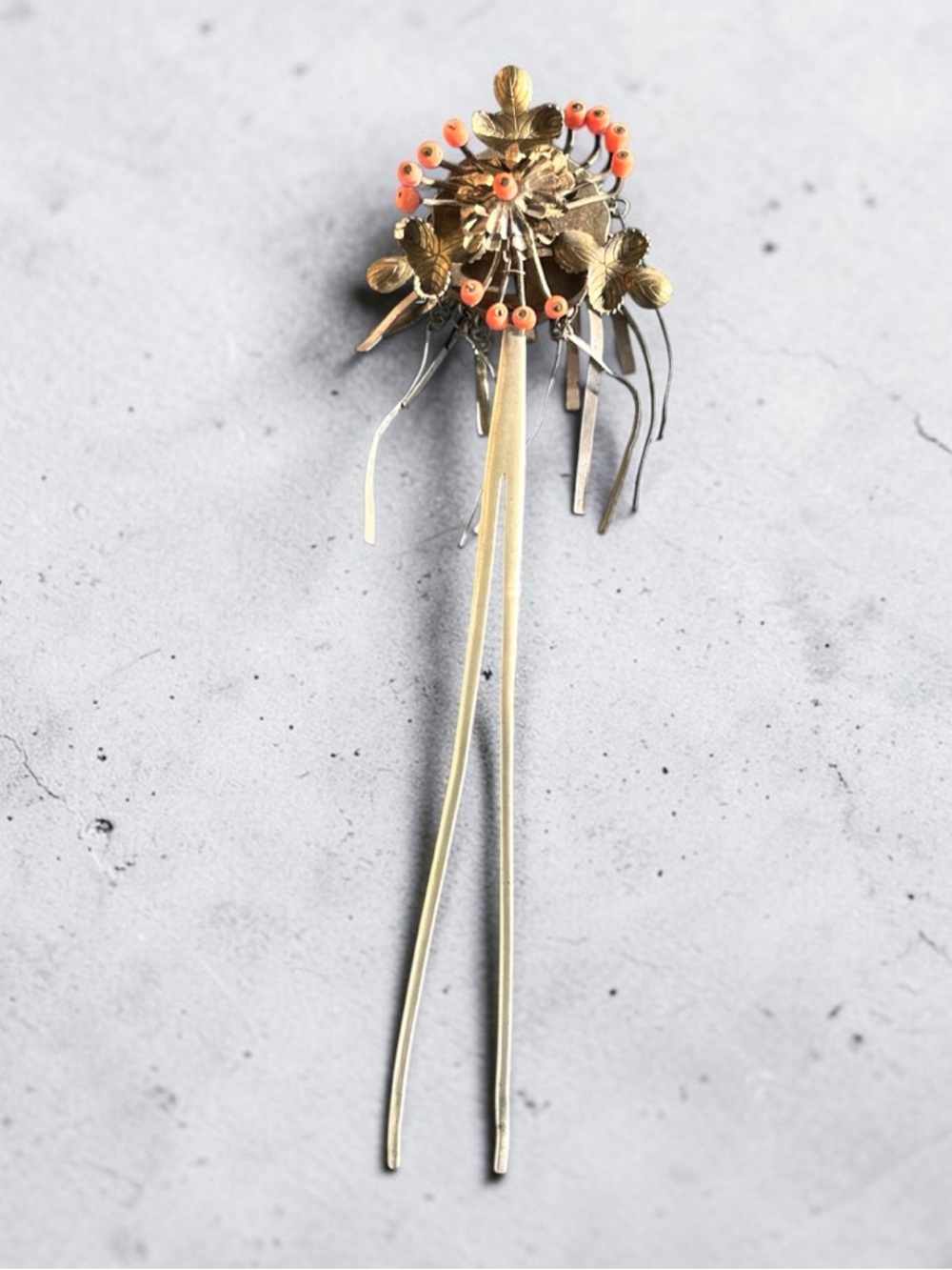 Antique Late 1800’s Japanese Kanzashi Natural Coral “Bira Bira” Hair Ornament